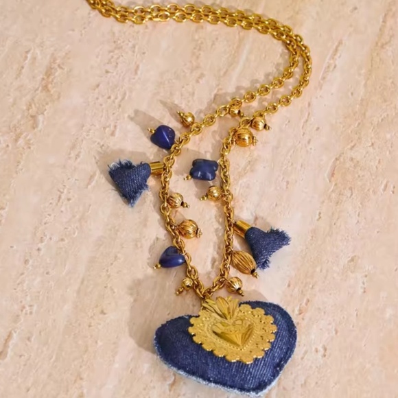 Blue Denim Heart Pendant Necklace – Statement Fashion Jewelry - Picture 3 of 9